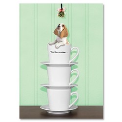 Christmas Card - Basset Pup in Coffee Mugs